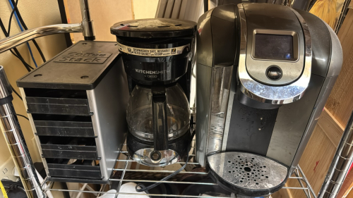 (1) SINGLE-SERVE COFFEE MAKER, (1) 12-CUP COFFEE MAKER (1) COFFEE POD STORAGE DRAWER