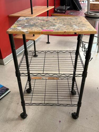 (1) MOBILE 3-TIER WIRE CART WITH WOOD TOP