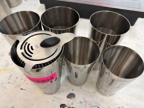 (6) LOT OF STAINLESS STEEL SHAKER TINS WITH (1) COCKTAIL SHAKER