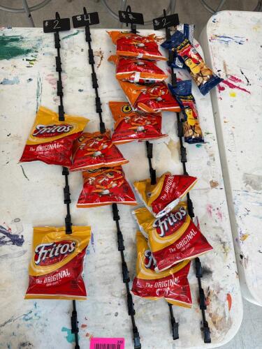 (4) SNACK HANGERS WITH ASSORTED SNACKS