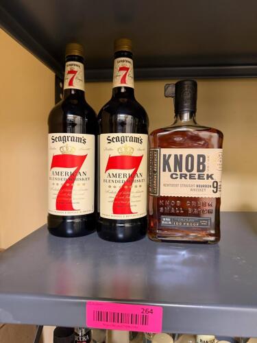 (3) ASSORTED BOTTLES OF KNOB CREEK BOURBON & SEAGRAM'S 7 AMERICAN BLENDED WHISKEY
