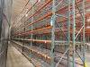 (34) SECTIONS OF 25 FT TALL UPRIGHTS AND 8 FT LONG CROSS BEAMS OF TEAR DROP PALLET RACKING. CONFIGURED AS (2) BACK-TO-BACK RUNS OF (17) SECTIONS EACH. INCLUDES (36) UPRIGHTS, ORANGE STEP BEAMS, GREEN UPRIGHTS, HEAVY-DUTY WIRE DECKING, AND STABILIZING TIE - 2