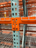 (34) SECTIONS OF 25 FT TALL UPRIGHTS AND 8 FT LONG CROSS BEAMS OF TEAR DROP PALLET RACKING. CONFIGURED AS (2) BACK-TO-BACK RUNS OF (17) SECTIONS EACH. INCLUDES (36) UPRIGHTS, ORANGE STEP BEAMS, GREEN UPRIGHTS, HEAVY-DUTY WIRE DECKING, AND STABILIZING TIE - 6