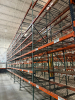 (34) SECTIONS OF 25 FT TALL UPRIGHTS AND 8 FT LONG CROSS BEAMS OF TEAR DROP PALLET RACKING. CONFIGURED AS (2) BACK-TO-BACK RUNS OF (17) SECTIONS EACH. INCLUDES (36) UPRIGHTS, ORANGE STEP BEAMS, GREEN UPRIGHTS, HEAVY-DUTY WIRE DECKING, AND STABILIZING TIE - 7