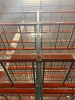 (34) SECTIONS OF 25 FT TALL UPRIGHTS AND 8 FT LONG CROSS BEAMS OF TEAR DROP PALLET RACKING. CONFIGURED AS (2) BACK-TO-BACK RUNS OF (17) SECTIONS EACH. INCLUDES (36) UPRIGHTS, ORANGE STEP BEAMS, GREEN UPRIGHTS, HEAVY-DUTY WIRE DECKING, AND STABILIZING TIE - 13