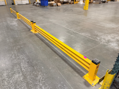 HEAVY-DUTY STEEL INDUSTRIAL SAFETY GUARD RAIL BARRIER SYSTEM. INCLUDES (5) FLOOR-MOUNT POSTS AND (4) DOUBLE-RAIL SECTIONS. YELLOW POWDER-COATED FINISH WITH POLY END CAPS. HARDWARE INCLUDE