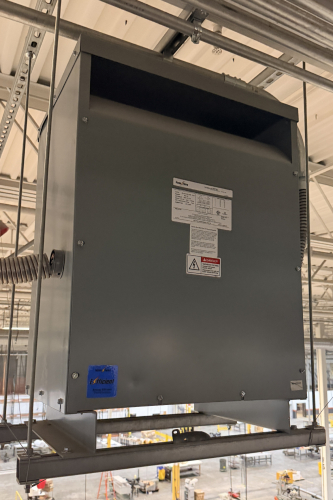 DRY-TYPE ENERGY EFFICIENT STEP-DOWN TRANSFORMER. 75 KVA, 3-PHASE UNIT WITH 480V PRIMARY AND 208Y/120V SECONDARY. CEILING MOUNTED.
