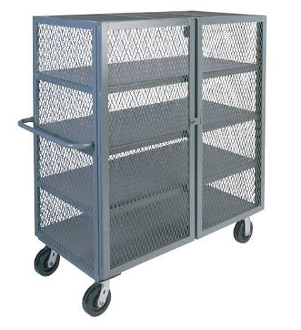 (1) DUAL-LATCH WELDED MESH SECURITY CART WITH FIXED SHELVES