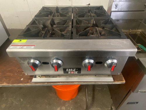 EASYROSE FOUR-BURNER HEAVY-DUTY COUNTERTOP GAS HOTPLATE WITH CAST IRON GRATES, INDIVIDUAL MANUAL CONTROLS, AND STAINLESS STEEL EXTERIOR