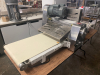 STAINLESS STEEL ELECTRIC TABLETOP DOUGH SHEETER WITH REVERSIBLE CONVEYOR BELTS, ADJUSTABLE ROLLER THICKNESS, EMERGENCY STOP BUTTON, AND FOLDING CONVEYOR TABLES. - 7