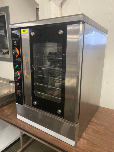 STAINLESS STEEL 6-TRAY ELECTRIC BAKERY DOUGH PROOFER / PROOFING CABINET WITH HUMIDITY AND TEMPERATURE CONTROLS, GLASS DOOR, AND ADJUSTABLE PAN RACKS.