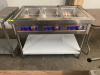 KAISID 3-PAN ELECTRIC HOT FOOD / STEAM TABLE WITH OPEN BASE STORAGE SHELF, THREE FULL-SIZE WELLS, THERMOSTATIC INDIVIDUAL HEAT CONTROLS, AND DRAIN VALVES.