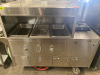 STAINLESS STEEL MOBILE CONCESSION FOOD CART WITH ENCLOSED STORAGE, OVERHEAD DISPLAY FRAME, SERVING SHELF, THREE PAN WELLS, DOUBLE BASIN HAND SINK, LOCKING CASH DRAWER, AND ROLLING CASTERS. UNIT FEATURES A STAINLESS STEEL CONSTRUCTION WITH VINYL SKIRTING - 3