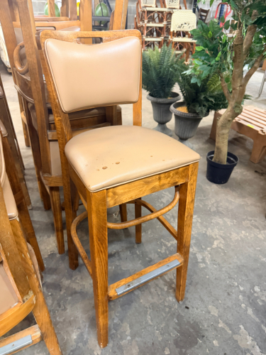 (9) 30" WOODEN BAR STOOLS W/ TAN PADDED SEATS.