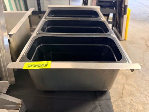 FULL SIZE STAINLESS DROP IN W/ (3) 1/3 SIZE PLASTIC MARKET INSERTS.