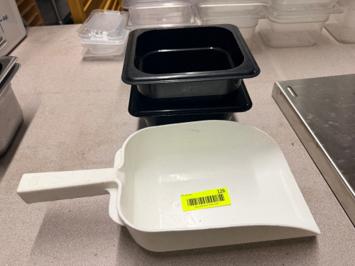 PLASTIC ICE SCOOP AND (2) 1/6 SIZE INSERTS.