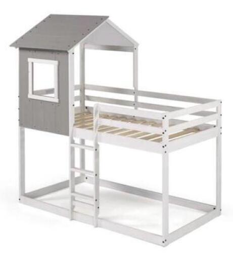DESCRIPTION: (1) TREE HOUSE BUNK BED BRAND/MODEL: PKOLINO/PKFFBRTHBBDGY INFORMATION: RUSTIC DARK GRAY ROOF/WHITE FRAME RETAIL$: 499.99 SIZE: 77"W X 41