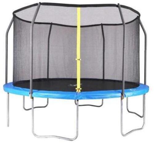 DESCRIPTION: (1) TRAMPOLINE BRAND/MODEL: AIRZONE/AZJ-12 INFORMATION: WITH ENCLOSURE NET/BLUE/RUST-RESISTANT RETAIL$: 275.44 SIZE: 144"L X 144"W X 106"