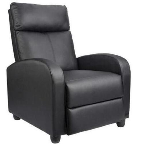 DESCRIPTION: (1) PADDED RECLINER CHAIR BRAND/MODEL: HOMALL/V-LR81P8 INFORMATION: BLACK/FAUX LEATHER/FOAM PADDING RETAIL$: 149.99 SIZE: 30.31"D X 27.16