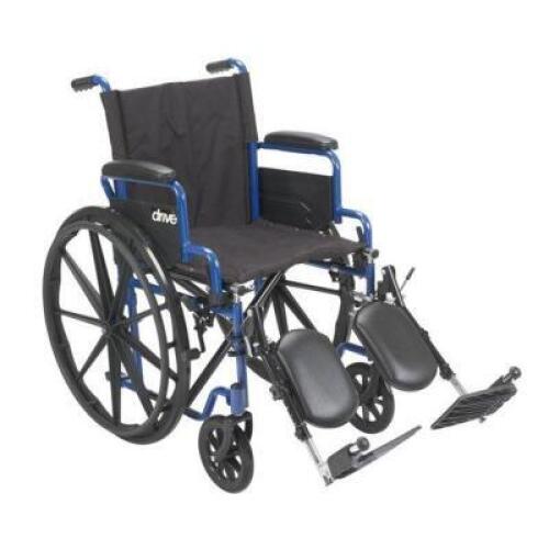 DESCRIPTION: (1) STREAK WHEELCHAIR BRAND/MODEL: DRIVE/BLS18FBD-ELR INFORMATION: BLACK & BLUE/ELEVATING LEG/FLIP BACK DESK ARMS RETAIL$: 121.19 SIZE: 3