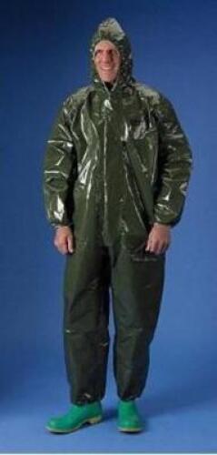 DESCRIPTION: (1) CHEMICAL RESISTANT COVERALL BRAND/MODEL: LAKELAND/PBL40130 INFORMATION: GREEN/HOODED/ZIPPERS RETAIL$: 39.99 SIZE: 57-1/2"FITS CHEST S