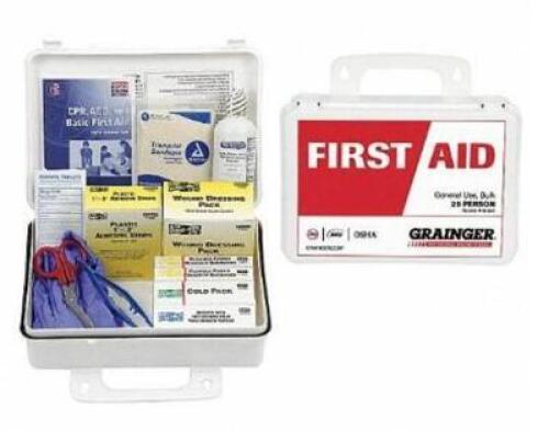 DESCRIPTION: (2) FIRST AID KITS BRAND/MODEL: GRAINGER/54624 INFORMATION: WHITE/FIT TO SERVE: 25 PEOPLE/138-COMPONENTS RETAIL$: 46.01 EACH SIZE: 10"H X