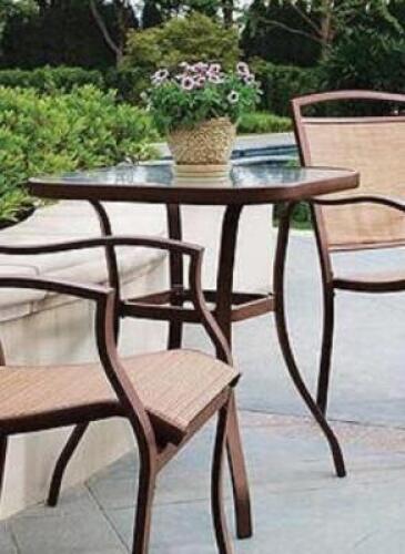 DESCRIPTION: (1) OUTDOOR BISTRO TABLE BRAND/MODEL: MAINSTAYS/MSD128059664042 INFORMATION: TAN/ONLY TABLE, MUST COME INTO INSPECT RETAIL$: 134.00 PER F