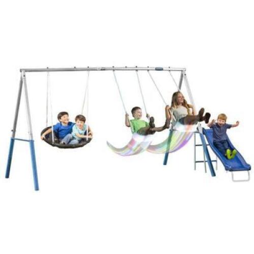 DESCRIPTION: (1) RECREATION METAL SWING SET BRAND/MODEL: XDP/98013G INFORMATION: WEIGHT LIMIT: 200 LBS/LED LIGHTS RETAIL$: 249.99 SIZE: 91"L X 148"W X