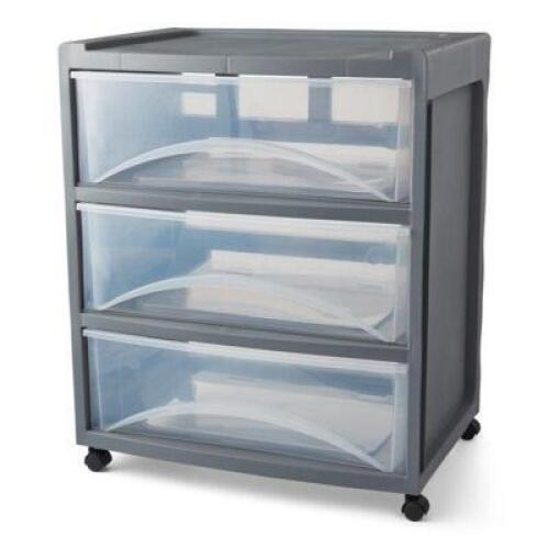 DESCRIPTION: (1) WIDE STORAGE CART BRAND/MODEL: MAINSTAYS/92-125 INFORMATION: CLASSIC MINT/3-DRAWERS RETAIL$: 24.48 SIZE: 22.67"W X 15.86"D X 27.36"H