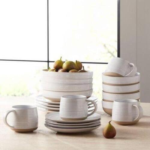 DESCRIPTION: (1) DINNERWARE SET BRAND/MODEL: BETTER HOMES & GARDEN/BH5210002253101 INFORMATION: WHITE/16-PIECES/EXPOSED CLAY RETAIL$: 90.12 QTY: 1