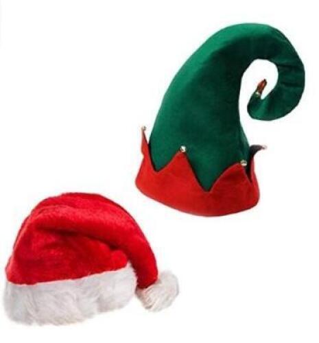 DESCRIPTION: (1) SET OF (2) CHRISTMAS HATS INFORMATION: GREEN, WHITE & RED/ELF HAT & SANTA HAT RETAIL$: 18.99 PER SET SIZE: SMALL, MUST COME INTO INSP