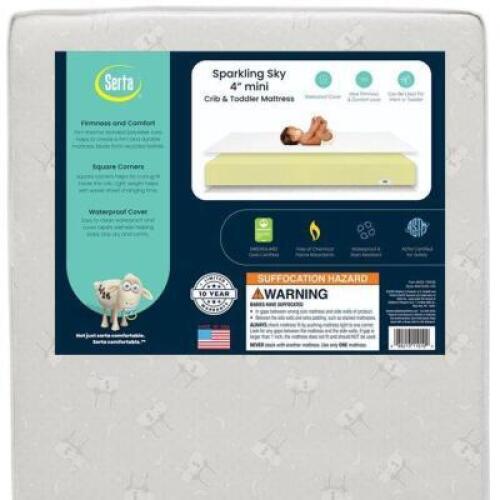 DESCRIPTION: (1) SPARKLING SKY BABY CRIB MATTRESS BRAND/MODEL: SERTA/M70413-1119 INFORMATION: WATERPROOF/DUAL-SIDED/LIGHTWEIGHT RETAIL$: 49.99 SIZE: 3