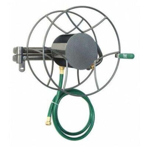 DESCRIPTION: (1) SWIVEL GARDEN HOSE REEL BRAND/MODEL: YARD BUTLER/SRWM-180 INFORMATION: GRAY/180-DEGREES/WALL-MOUNTED RETAIL$: 107.99 SIZE: 19.5"L X 1