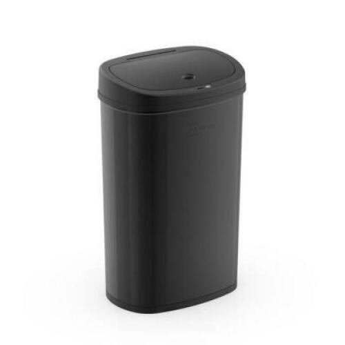 DESCRIPTION: (1) MOTION SENSOR GARBAGE CAN BRAND/MODEL: MAINSTAYS/MS-50-22BSS INFORMATION: BLACK STAINLESS STEEL/REQUIRES (2) D-CELL BATTERIES RETAIL$