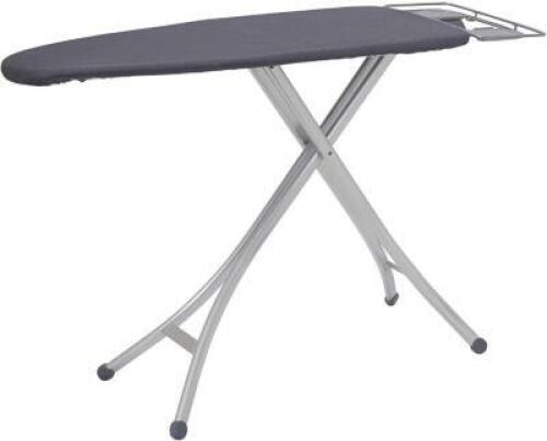 DESCRIPTION: (1) IRONING BOARD BRAND/MODEL: HOUSEHOLD ESSENTIALS/971970-1 INFORMATION: 4-LEGS/ALUMINUM/GRAY & SILVER RETAIL$: 74.99 SIZE: 18" X 19" QT