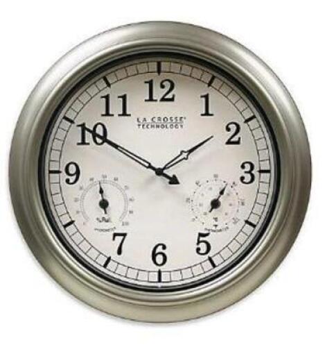 DESCRIPTION: (1) WALL CLOCK BRAND/MODEL: LA CROSSE/WT-3181PL-DT INFORMATION: METALLIC SILVER/USES: (1) AA BATTERY, SECOND HAND DAMAGED BUT EASILY REPA