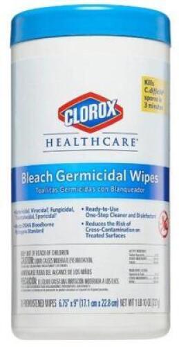 DESCRIPTION: (6) BLEACH GERMICIDAL WIPES BRAND/MODEL: CLOROX/35309 INFORMATION: KILLS 58 MICROORGANISMS/MULTIPURPOSE GERMICIDAL FORMULA RETAIL$: 12.95