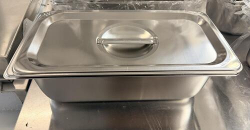(6) 1/3 SIZE STAINLESS INSERTS W/ LIDS. ( NEW )