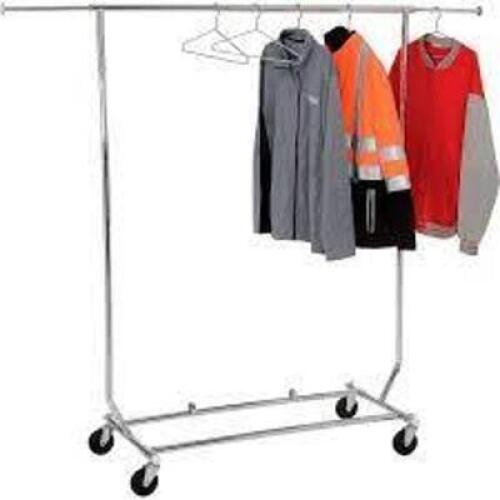 DESCRIPTION: (1) COLLAPSIBLE PORTABLE CLOTHING RACK BRAND/MODEL: SALESMAN INFORMATION: CHROME RETAIL$: $107.95 SIZE: 55-65 IN QTY: 1