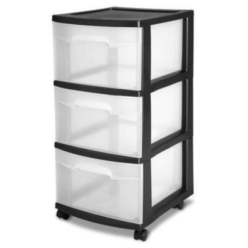 DESCRIPTION: (2) 3 DRAWER CART BRAND/MODEL: STERILITE INFORMATION: CLEAR AND BLACK RETAIL$: $20.00 EA SIZE: 12.50 X 24.00 X 14.50 QTY: 2