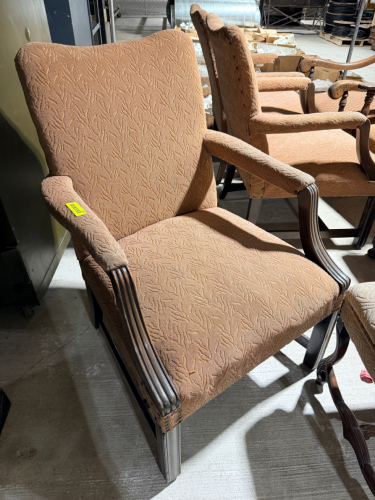 (3) MATCHING UPHOLSTERED ARMCHAIRS FEATURING HIGH CONTOURED BACKS, WIDE PADDED SEATS, PADDED ARMRESTS