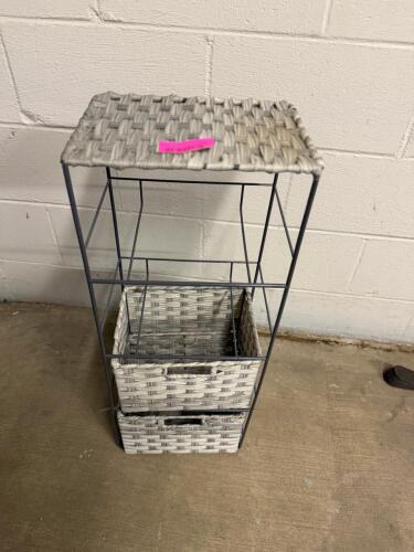 (1) METAL STORAGE STAND WITH 2 WOVEN BASKETS