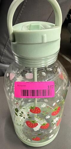 (1) STRAWBERRY FLORAL WATER BOTTLE WITH STRAW AND HANDLE