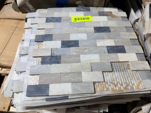 (4) BOXES OF MIXED-COLOR RECTANGULAR NATURAL STONE MOSAIC TILE SHEETS FEATURING WHITE, LIGHT GRAY, BEIGE, AND DARK GRAY STONE PIECES. 12 SHEET PER BOX. 48 SQ FT.