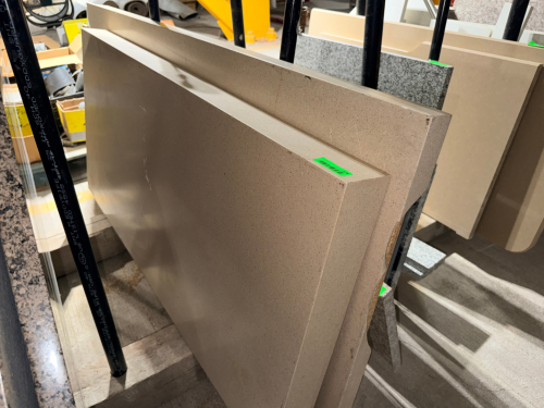 (2) PIECE BEIGE ENGINEERED STONE / QUARTZ COUNTERTOP SET WITH FINE SPECKLED PATTERN. INCLUDES TWO FABRICATED RECTANGULAR COUNTERTOP SECTIONS WITH POLISHED SURFACES AND BUILT-UP / FINISHED FRONT EDGES.