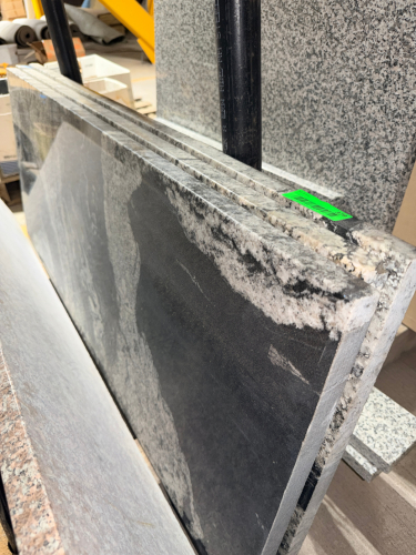 (3) PIECE GRANITE COUNTERTOP / STONE SLAB SET WITH POLISHED SURFACES AND DRAMATIC BLACK, WHITE, GRAY, AND CREAM NATURAL STONE PATTERNING. INCLUDES THREE MATCHING RECTANGULAR PIECES WITH FINISHED EDGES.