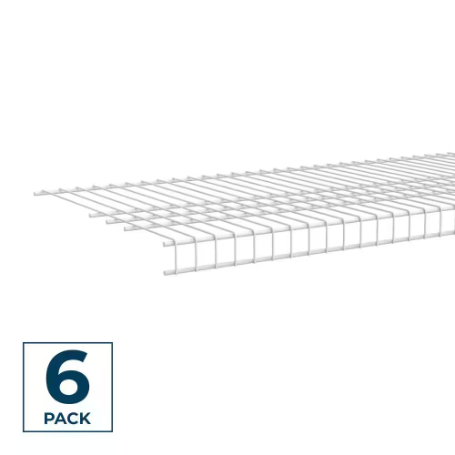 WHITE COATED CLOSET SHELVING, 16" WIDE, PACKAGED IN CARDBOARD CARTONS. LABELS INDICATE SIX PIECES PER CARTON.