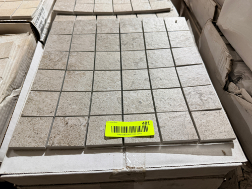 (20) BOXES OF BEIGE NATURAL STONE MOSAIC TILE CONSISTING OF SQUARE-CUT STONE PIECES MOUNTED ON MESH-BACKED SHEETS IN A GRID PATTERN.