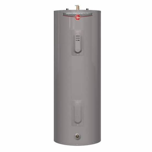 50-GALLON ELECTRIC STORAGE-TANK WATER HEATER WITH FACTORY-INSTALLED TEMPERATURE AND PRESSURE RELIEF VALVE, DUAL COPPER HEATING ELEMENTS, INSULATED TANK, AND METAL OUTER JACKET.
