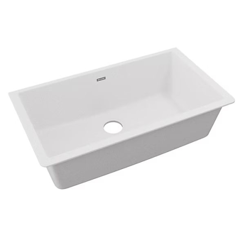 ELKAY QUARTZ CLASSIC SINGLE-BOWL UNDERMOUNT SINK WITH WHITE FINISH, MOLDED QUARTZ CONSTRUCTION, NONPOROUS SURFACE, REAR-CENTER DRAIN LOCATION, AND HEAT, SCRATCH, FADE, AND STAIN RESISTANCE. SINK IS MOLDED WITH UP TO 80% NATURAL QUARTZ AND HIGH-PERFORMANCE